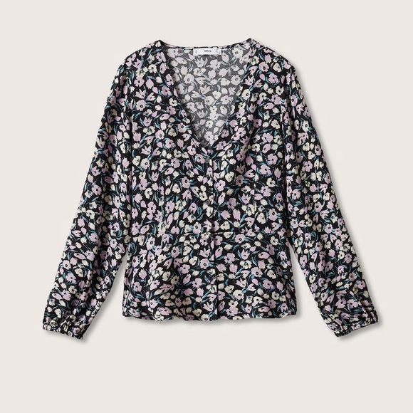MANGO floral button up v-neck blouse size L - Picture 1 of 15